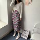 Knit Cardigan / Floral Print Midi A-line Skirt