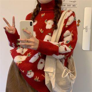 Turtleneck Jacquard Sweater Red - One Size