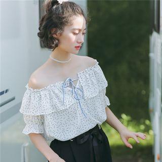 Printed Off-shoulder Short-sleeve Top