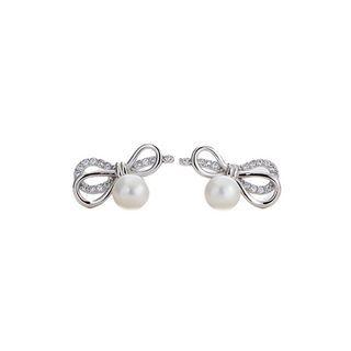 Sterling Silver Fashion Simple Ribbon White Freshwater Pearl Stud Earrings With Cubic Zirconia Silver - One Size