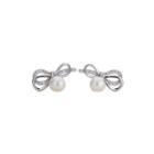 Sterling Silver Fashion Simple Ribbon White Freshwater Pearl Stud Earrings With Cubic Zirconia Silver - One Size