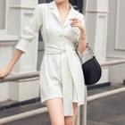 Long-sleeve Striped Tie-waist Open-collar A-line Mini Shirtdress