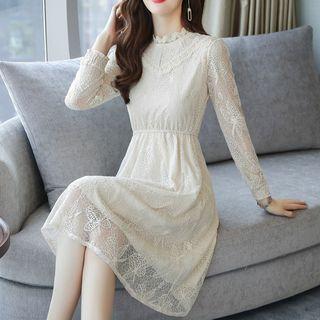 Long-sleeve Crochet Trim A-line Lace Dress
