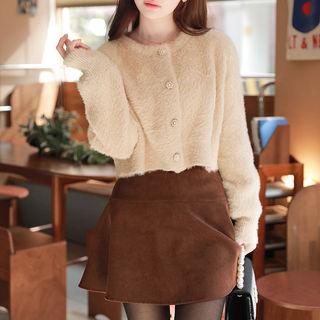 Faux-pearl Button Furry Cropped Cardigan