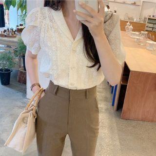 Balloon-sleeve Floral Embroidered Blouse / Straight-cut Pants