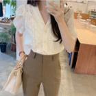 Balloon-sleeve Floral Embroidered Blouse / Straight-cut Pants