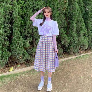 Elbow-sleeve Printed T-shirt / Plaid Midi A-line Skirt / Long-sleeve Mesh Top