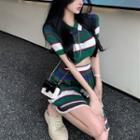 Striped Polo Shirt / High-waist Pleated Mini Skirt