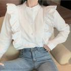 Long-sleeve Ruffled Button-up Blouse White - One Size