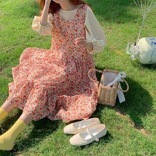 Floral Print Midi A-line Pinafore Dress / Blouse