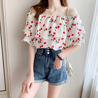 Elbow-sleeve Off-shoulder Cherry Print Blouse