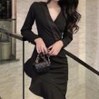 Asymmetric V-neck Long-sleeve Mini Sheath Dress