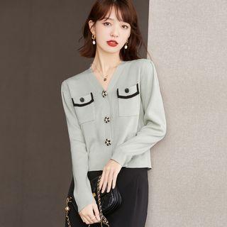 Contrast Trim Flower Button Cardigan