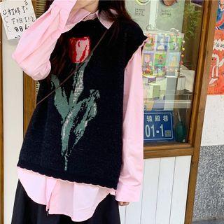 Contrast Trim Rose Pattern Knit Vest