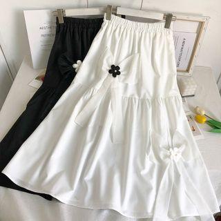 Flower Ribbon-accent Plain Midi Skirt