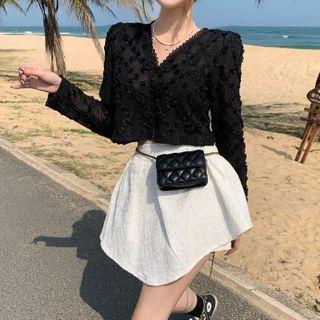 Long-sleeve Embroidered Flower Blouse / High-waist Plain Skort