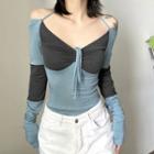 Long-sleeve Halter Off-shoulder Two-tone Top