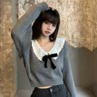 Bow Peter Pan Collar Cropped Long-sleeve Sweater Gray - One Size