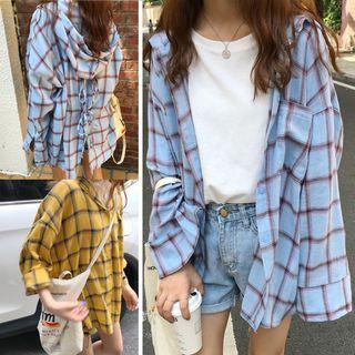 Plaid Lace-up Long-sleeve Loose-fit Hooded Shirt