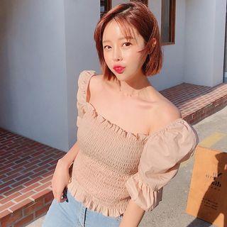 Puff-sleeve Square Neck Smocked Top