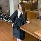 Lantern-sleeve Peter Pan Collar Midi A-line Dress Black - One Size