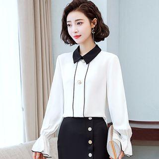 Faux Pearl Button Bell-sleeve Chiffon Blouse