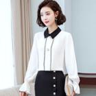 Faux Pearl Button Bell-sleeve Chiffon Blouse