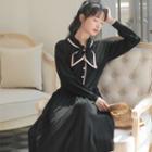 Tie-neck Balloon-sleeve Midi Knit Dress