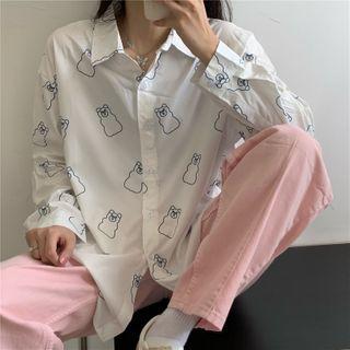 Long-sleeve Bear Printed Shirt As Shown In Figure - One Size