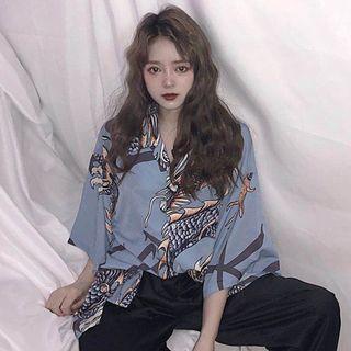 Elbow-sleeve Dragon Print Shirt