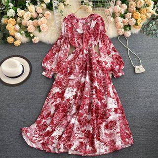 Long-sleeve Printed Midi A-line Dress Red - One Size
