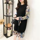 Set: Floral Print Long Sleeve Dress + Plain Long Knit Vest