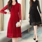 3/4-sleeve Tie-neck Midi A-line Mesh Dress