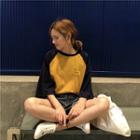 Elbow-sleeve Raglan T-shirt Yellow & Blue - One Size
