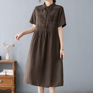 Short-sleeve Collar Lace Trim Smock Dress