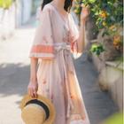 Elbow-sleeve Floral A-line Midi Chiffon Dress