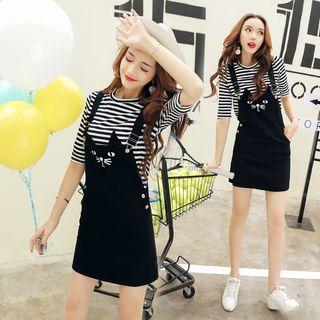 Set: Elbow-sleeve Striped Top + Jumper Dress