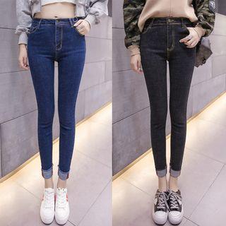 High Waist Cuff-hem Cropped Skinny Jeans