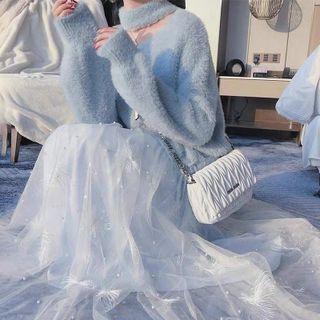 Cut-out Fluffy Sweater / Flower Embroidered Mesh Midi A-line Skirt
