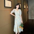 V Neckline Floral Chiffon Puff-sleeve Dress