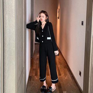 Set: Long-sleeve Buttoned Knit Top + Wide-leg Pants Black - One Size