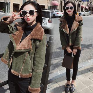 Faux Suede Furry Paneled Biker Jacket