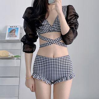 Set: Puff-sleeve Houndstooth Panel Swim Top + Bottom