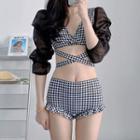 Set: Puff-sleeve Houndstooth Panel Swim Top + Bottom