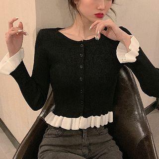 Ruffle-trim Contrast Cardigan Black - One Size