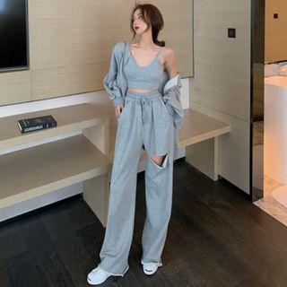 Open Back Cropped Camisole Top / Ripped Wide Leg Pants