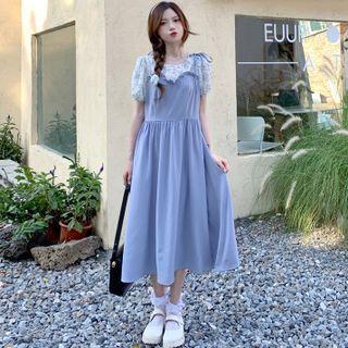 Mock Two-piece Puff-sleeve Floral Panel Dress