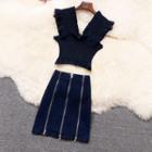 Set: Ruffled Smocked Denim Sleeveless Top + A-line Denim Skirt