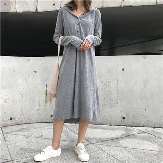 Plain Long Sleeve Hooded Midi Dress