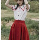 Set: Contrast Trim Short-sleeve Blouse + High-waist Midi A-line Skirt